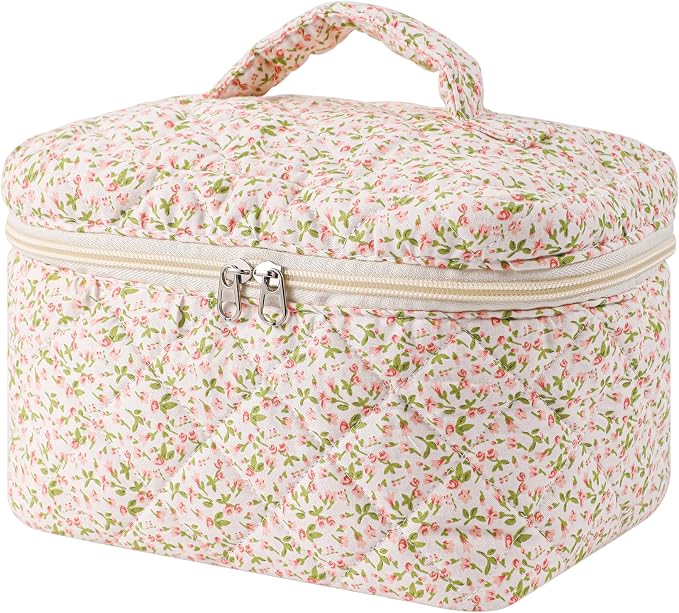 uekeboag Large Travel Quilted Makeup Bag for Women | Soft Floral Cotton Cosmetic Bag, Foldable Coquette Aesthetic Toiletry Organizer