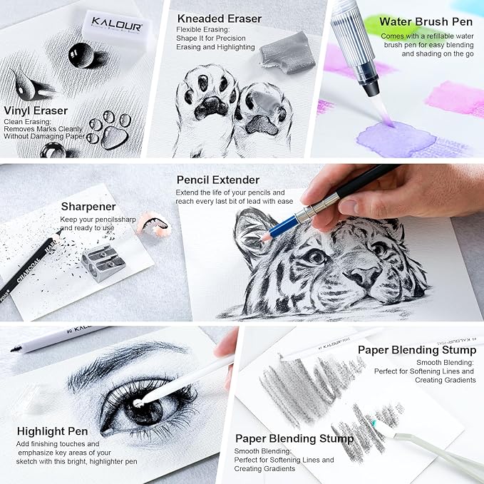 KALOUR PDAS 127 Drawing Set Sketching Kit, Pro Art Supplies with 3-Color Sketchbook & Coloring Book, Neon, Colored, Watercolor, Metallic, Graphite, Charcoal Pencils, Gift for Artists Adults Teens