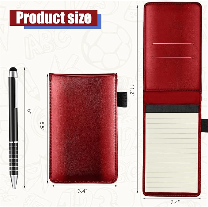 Outus 10 Pcs Mini Pocket Notepad Holder Set Included Small Leather Pocket Notebook Holder with 50 Lined Sheets, Metal Pen, 8 Pcs 3 x 5 Inch Memo Book Refills, 30 Lined Paper Per Note Pad (Red)