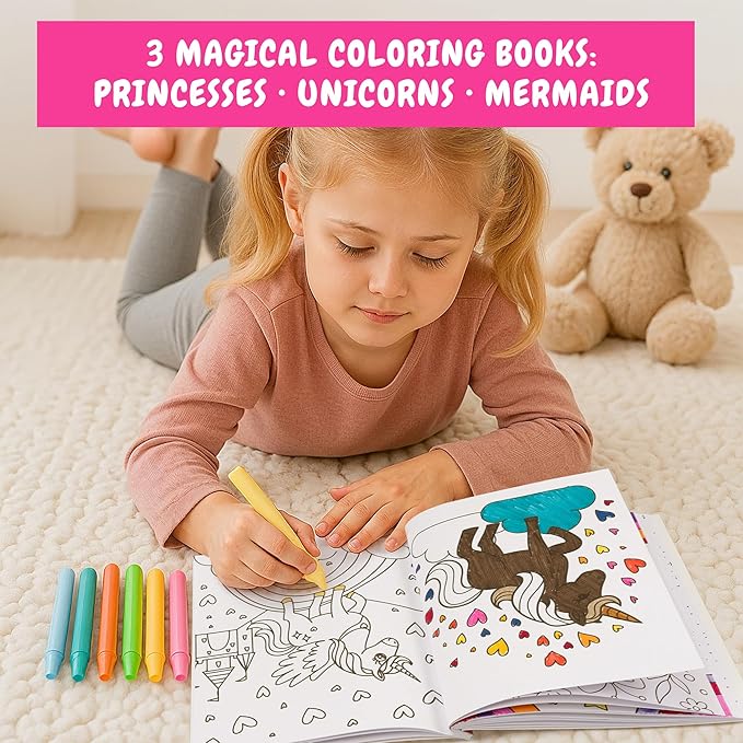 ZICOTO Fun Coloring Books for Kids Set of 3 – Cute Princess, Unicorn & Mermaid Coloring Book for Girls Ages 4–8 – Easy to Color Gift with Magical Themes for Your Creative Little Princess