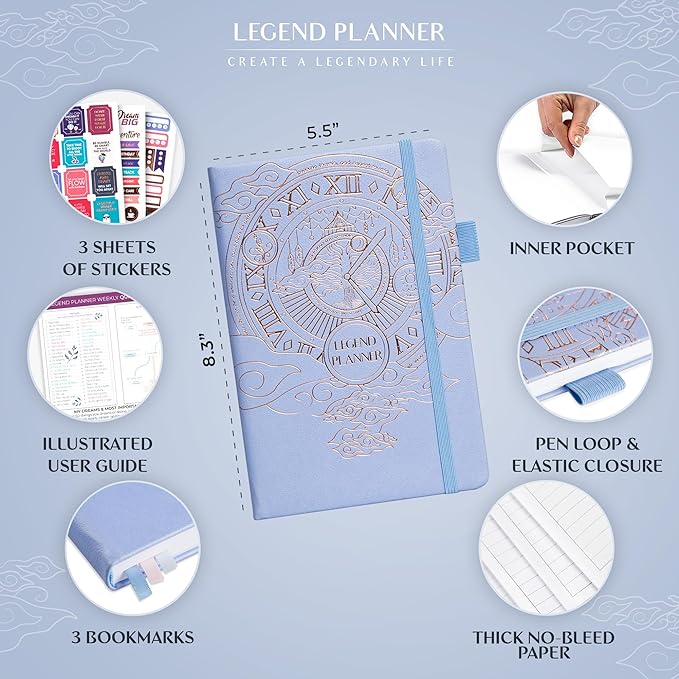 Legend Planner – Undated Weekly & Monthly Life Planner to Hit Your Goals & Live Happier, Organizer Notebook & Productivity Journal, A5 (Periwinkle, Gold)