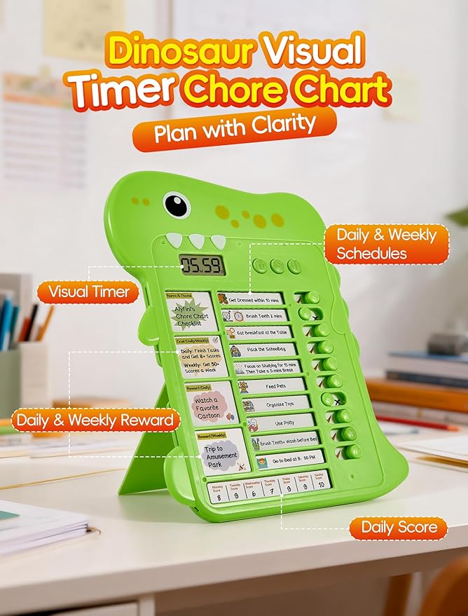 Dinosaur Visual Timer Chore Chart for Kids, Daily/Bedtime/Morning Routine for Toddlers with Autism, ADHD Homeschool to Do List Planner Tools, First Then Schedule Checklist Board with Reward System