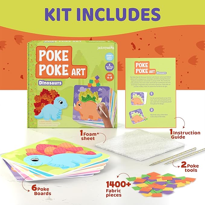 jackinthebox Poke Poke Art – Dinosaurs Theme, Mess-Free Fabric Art and Craft, Flower Pressing Kits, Gift for Girls and Boys Ages 4 5 6 7 8
