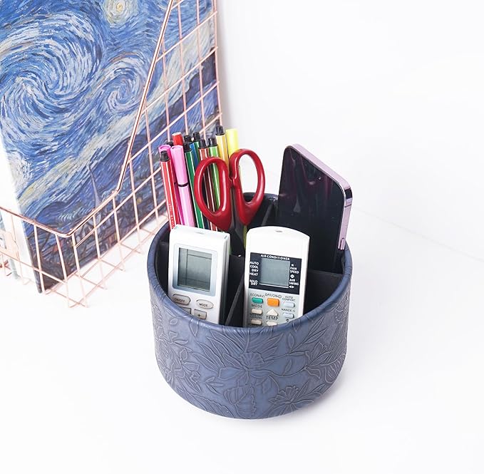 Round Leather Art Supply Organizer,Remote Control Holder,360 Degree Spinning,Multi-Functional Pencil Holder,4 Compartments Desktop Stationary Organizer(1-Carved Dark Blue)
