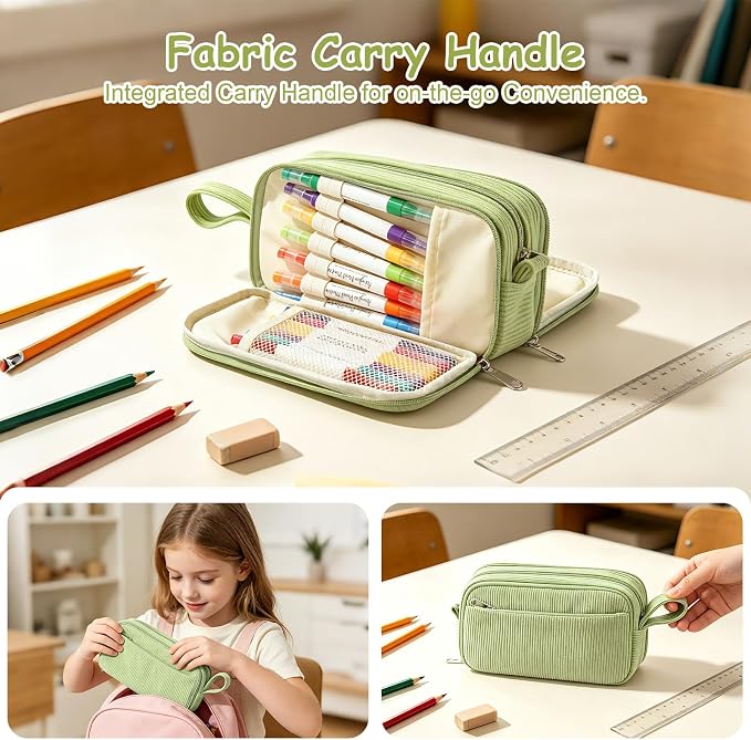 BuyCard Sage green Large Capacity Corduroy Pencil Case, Zipper Pouch, Casual Style, Supplies Organizer for Teen Girls, Boys, Women and Men
