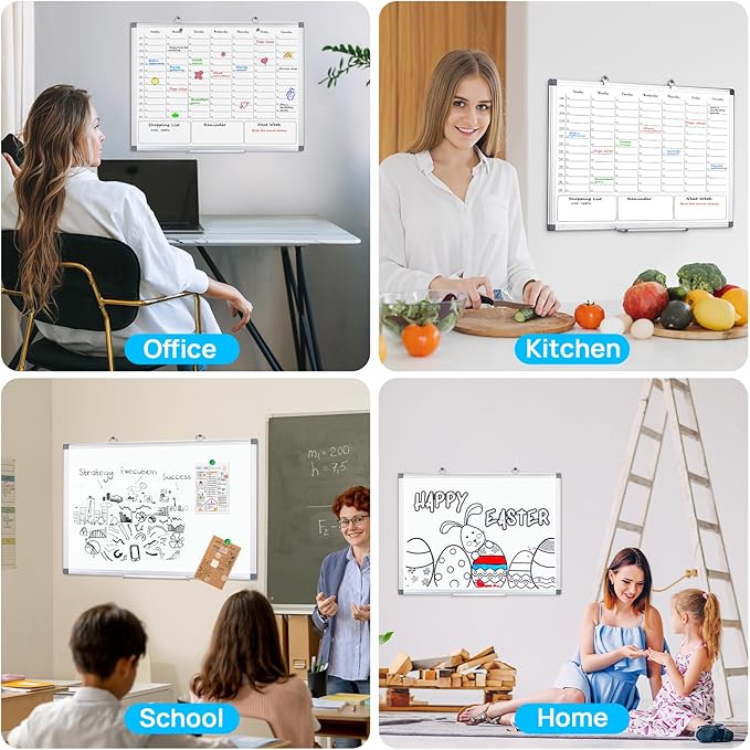 ONAVIA Weekly Calendar Whiteboard for Wall, 36" x 24" Big Dry Erase Board, Hanging Double-Sided White Board with Hourly Slots, for Planning, Memo, to Do List, Home, Office