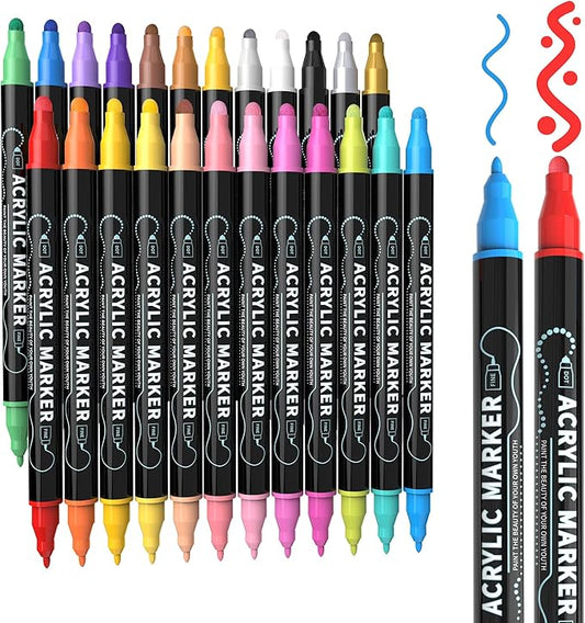 Nauets 24 Colors Dual Tip Acrylic Paint Markers, Premium Dot&Fine Tip Coloring Paint Pens for Rock, Wood, Fabric, Canvas, Glass, Paper, Ceramic, Scrapbook, Egg, DIY Crafts Supplies - Mothers Day Gifts