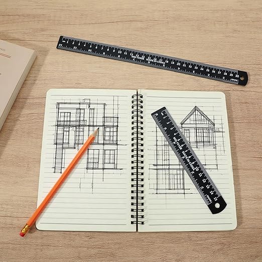 Ouligay 2Pcs 12 Inch 6 Inch Metal Ruler Set Metal Rulers with Centimeters and Inches Straight Ruler for Drawing, Home, Office, Engineering, Easy to Read