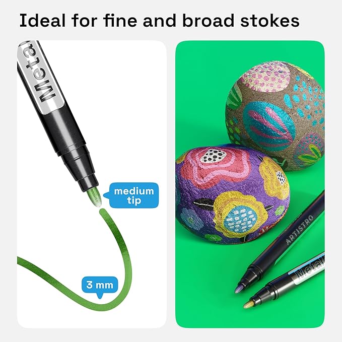 ARTISTRO 12 Metallic Paint Pens for Glass Marking, Rock Painting, Ceramic, Wood, Fabric, Scrapbooking, DIY Craft Making, Coloring - Acrylic Paint Markers Bullet Tip 2.5mm
