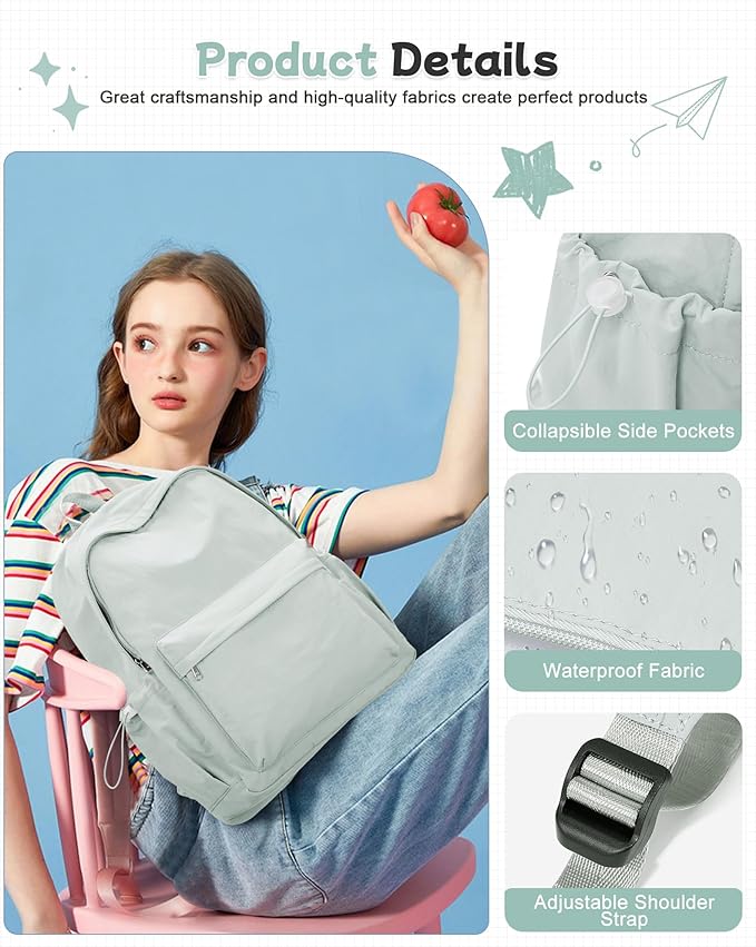 BJLFS Small Light Green School Backpack for Girls Women Waterproof High School Book Bag Cute Backpack for Men Teens Boys, Lightweight Simple Middle School Back Pack Daypack Gift
