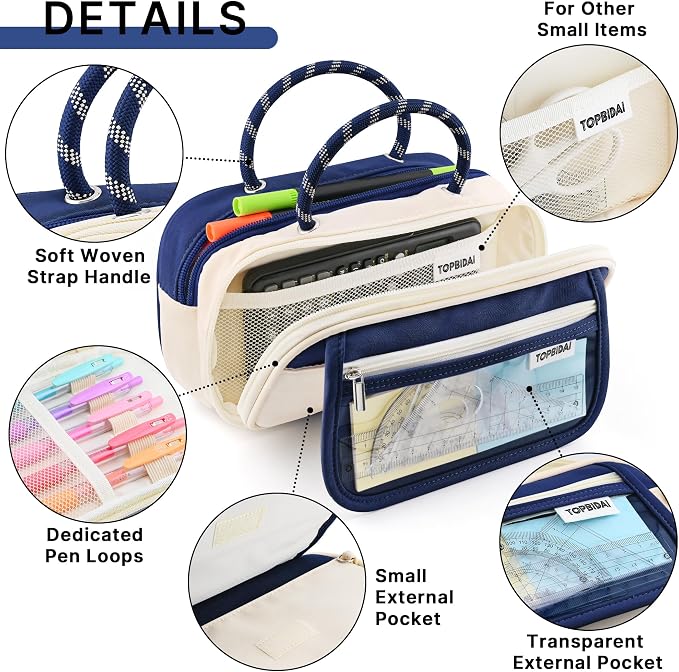 TOPBIDAI Large Pencil Case Pouch School Supplies for Girls Boy Women Men | Big Pencil Bag with 5 Compartments, Easy Grip Handle, Office College School Pencil Box
