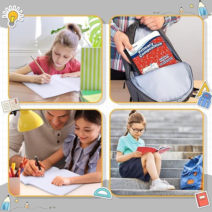 24 Pack Primary Composition Notebook,Grade K-2 Journal Wide 3 Line Ruled,80 Pages,Marble Cover,7-1/2" x 9-3/4" Primary Writing Notebook for Kindergarten Preschool,1st 2nd Grad (Red Color)