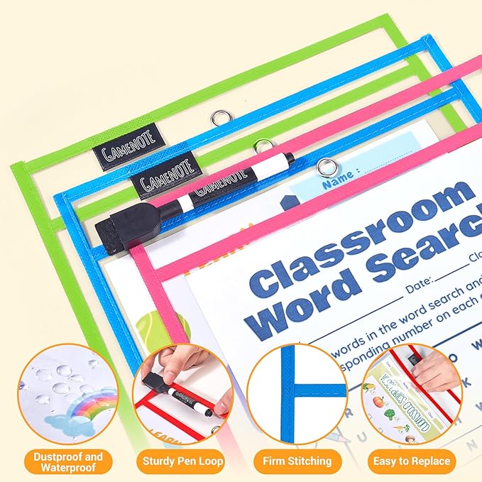 Gamenote 30 Pack Dry Erase Pockets with 5 Rings, 10 Assorted Colors 10x14 Oversized Reusable Plastic Sleeves, Clear Sheet Protectors, Teacher Supplies for Classroom Organization