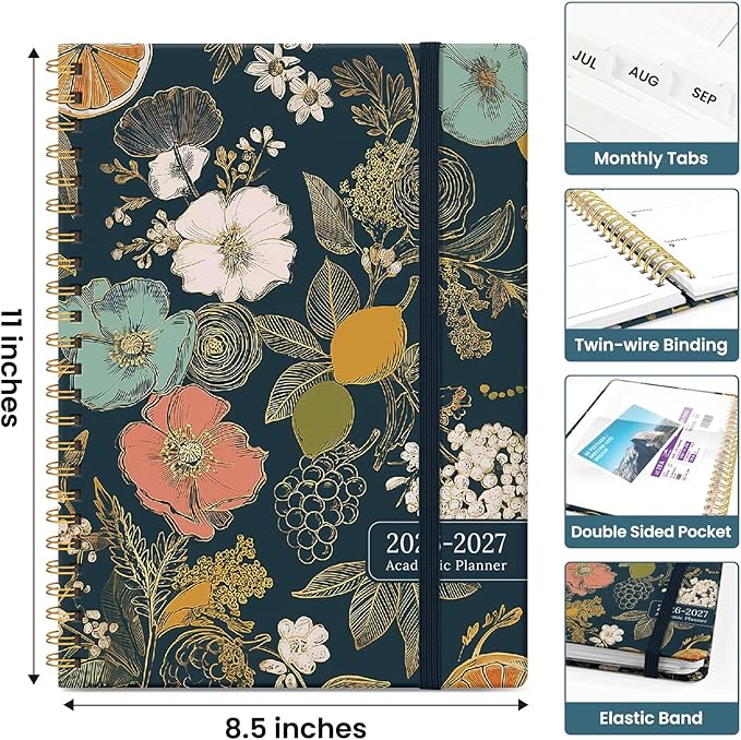 Planner 2026–2027, Academic Monthly Weekly Spiral Calendar, July 2026 – June 2027, Hardcover Agenda Notebook with Tabs, 8.5" x 11", Perfect for Students, Teachers, School & Daily Planning - Citrus Bloom