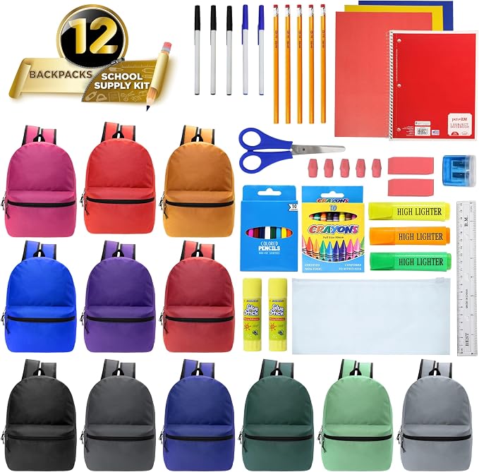 Moda West 17 Inch Bulk Backpacks with 50 Piece School Supplies Kits - Pens, Pencils, Crayons - Case of 12 Wholesale Backpacks in 12 Assorted Colors