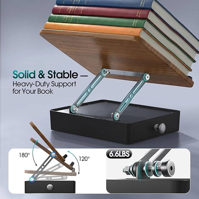 Book Stand with Storage Drawer, Adjustable Wooden Reading Stand for Desk, Ergonomic Height & Angle Book Holder for Textbooks, Cookbooks, Art Sketching (Walnut Finish, 10.5" x 15.5" XL Panel)