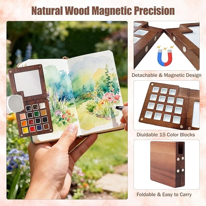 Mini Watercolor Travel Set,Portable Watercolor Kit,15 Grids Portable Wooden Paint Palette with Bag,12 Paint, 4 Brush, Cleaner Cup,2 Sketchbooks Magnetic Clip,Watercolor for Painters,Beginners,Artists