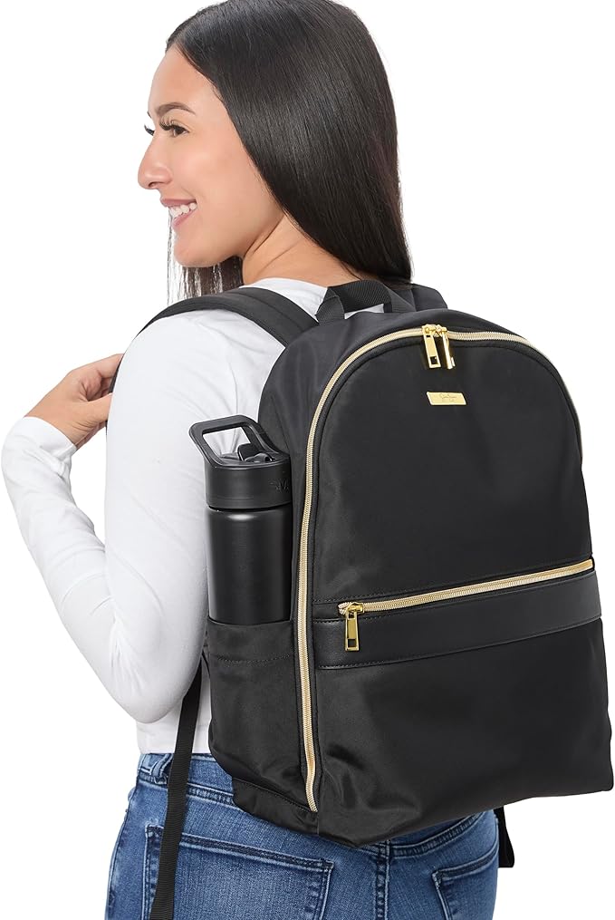 Jessica Simpson Black Laptop Backpack for Women, Work and Travel Backpack with Gold Hardware, 15" Laptop Sleeve