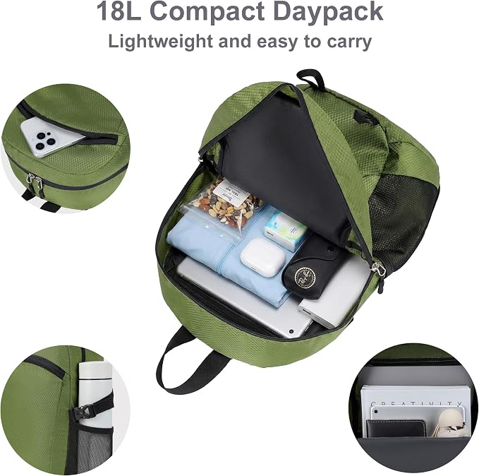 Lightweight Hiking Backpack 18L Packable Foldable Small Daypack Collapsible Travel Bag Water-Resistant for Women Men (Green)