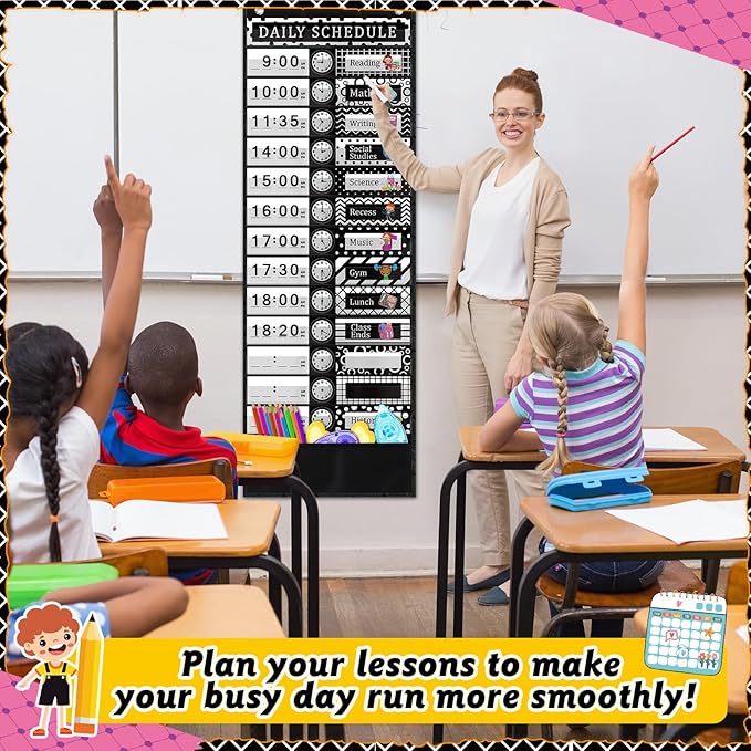 Chiisong Daily Schedule Pocket Chart, Boho 14+1 Pocket, with 40 Pcs Reusable Dry Eraser Cards Calendar for Classroom Toddler Schedule Chart Office Home Activity(Classic Style)