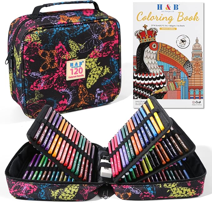 H & B 120-Color Colored Pencils Set with Coloring Book, Eraser, and Sharpener - Perfect for Drawing and Coloring - Soft Oil-Based Cores Ideal for Adults and Beginners