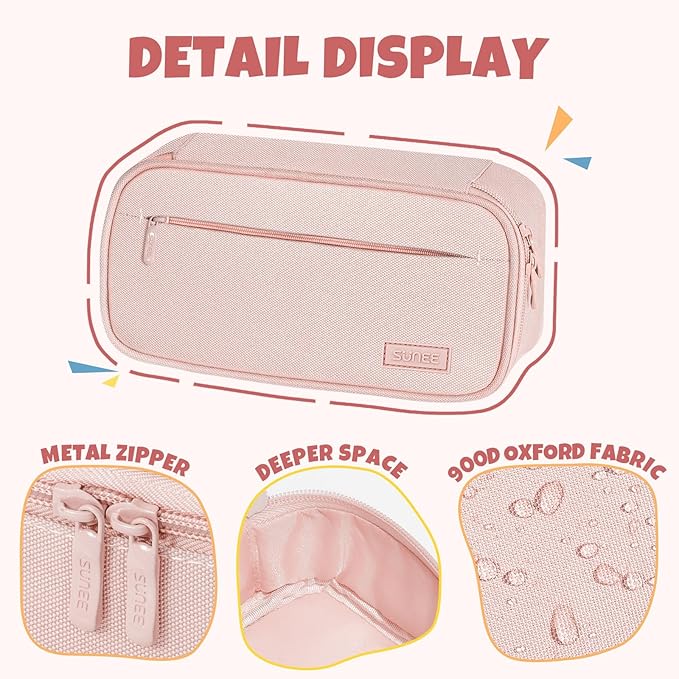 SUNEE Cute Pencil Case, Large Capacity Pencil Pouch, Big Storage Organizer for Stationery, Zipper Pen Bag, Back to School Supplies, Office Organizer Makeup Bag, for Teen Girl Boy Men Women, Pink