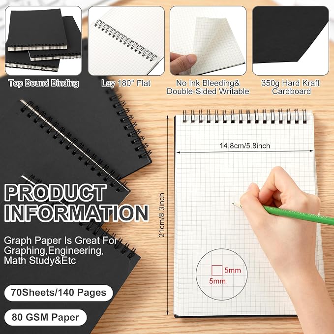 Engrowtic 48 Pack Graph Paper Spiral Notebook A5,Black
