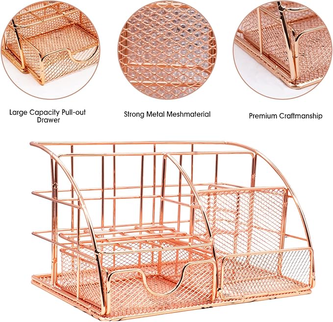 KAAKOW Rose Gold Desk Organizers and Accessories Office Supplies Set Stapler, Pen Holder, Phone Holder, Scissors, Pen, Ruler, 30 Paper Clips, 22 Binder Clip, 20 Tacks and 1000pcs Staples