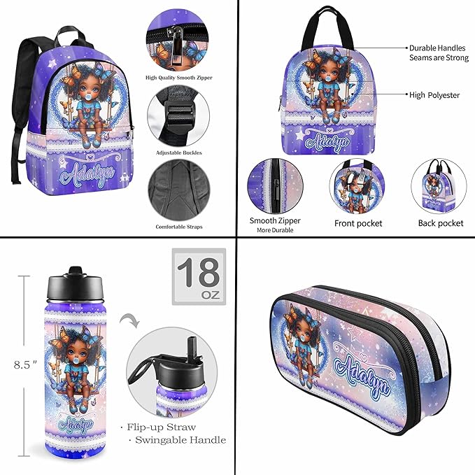 M YESCUSTOM Custom Girls Backpack Lunch Bag Set with Name, Purple Butterfly Personalized Kids Backpack for Girls School Travel Kindergarten Bookbag Pencil Pouch