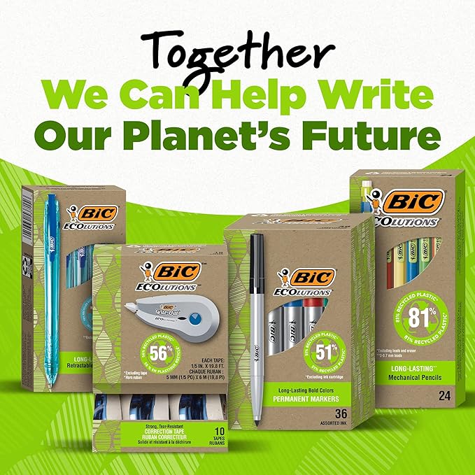 BIC Ecolutions Round Stic Ballpoint Pens, Medium Point (1.0mm), 50-Count Pack, Blue Ink Pens Made from 97% Recycled Plastic