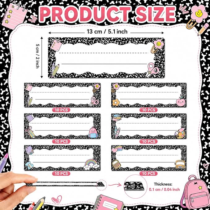 60 Pcs Composition Notebook Magnetic Name Tags Reusable Dry Erase Labels Thickened Magnetic Back Name Plate Stickers for Classroom Desks Whiteboard Locker Office Bulletin Board Decor Supplies