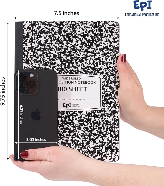 24 Pack - EPI Marble Hardcover Wide Ruled Composition Notebook | 200 Pages (100 Sheets), 9.75 x 7.5 in, Sturdy Sewn Binding | School, Office, Journaling, Notes