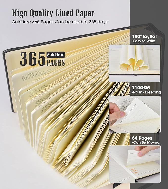 Lined Journal Notebook, 365 Pages B5 Large Journals for Writing Ruled Notebook, Hardcover Leather Journal for Women Men, Daily Notebook for Work, Note Taking, 100Gsm Thick Paper ( 7.6'' X 10'' Black)