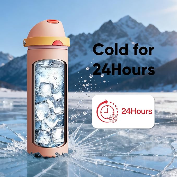 Insulated Water Bottle with Straw - Encool Stainless Steel Water Bottle with Push Button Lid, Leak-Proof & BPA-Free, Keeps Cold for 24 Hours for Sports, Travel, Gym (24 oz, Pink Daisy-Red)