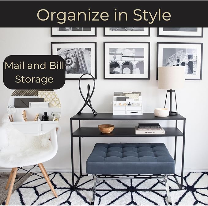 BLU MONACO | White Desktop Organizer with Drawer Storage | Tabletop Organizer with Drawers for Paper Bills Mail | Wooden Mail Organizer for Countertop Workspace