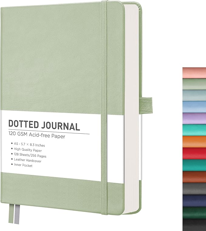 RETTACY Dotted Journal Notebook, 256 Pages, A5 Medium Size (5.7'' × 8.3''), Leather Hardcover, 120 GSM Thick Paper, for Journaling, Planning, Tracking (Light Green)