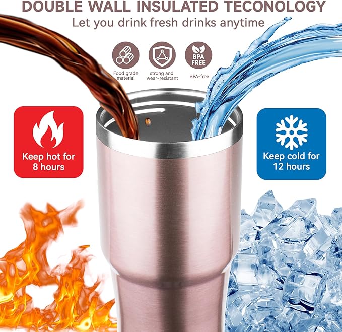 20oz Tumbler with Handle and Flip Straw Lid Double Wall Insulated Travel Coffee Mug Stainless Steel Vacuum Insulated Coffee Tumbler Cup for Hot and Cold Beverages Leak-proof&BPA-free（20oz,Rose gold）