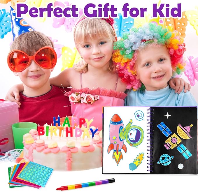 FUNNYB&G Foil Art Craft Kit for Boys 4-10 Years Old: Mess-Free & No-Glue, Create 16 Sparkly Space Pictures – Perfect Travel Toy & Birthday Gift for Kids (Space)