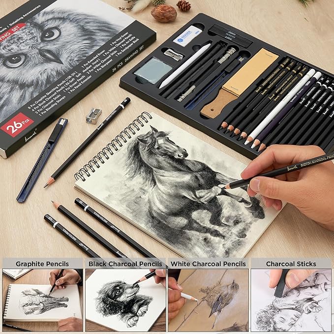 Brusarth Charcoal Pencils for Drawing, Set of 26, Professional Drawing Sketch Pencils, Art Supplies for Sketching, Shading, Blending, Artist Pencils for Beginners & Pro Artists