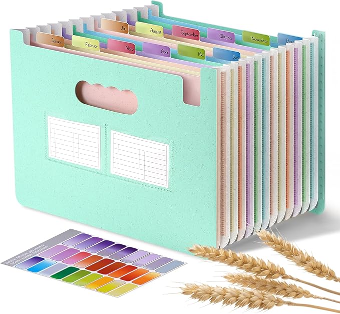Agoer Accordion File Organizer with 13 Pockets, Wheat Straw Expanding File Folder with Lable Pocket,Upright Open Top,A4/Letter Size Paper Document Storage Organizer for School,Home and Office Supplies