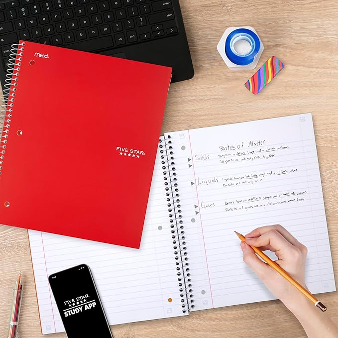 Five Star Spiral Notebook + Study App, 1 Subject, Wide Ruled Paper, 8" x 10-1/2", 100 Sheets, Fights Ink Bleed, Water Resistant Cover, Fire Red (72017)