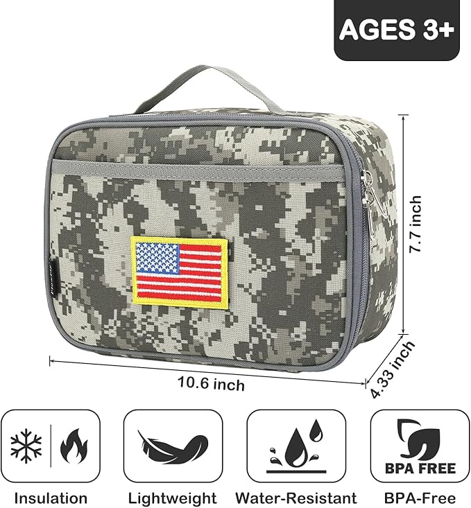 FlowFly Kids Lunch box Insulated Soft Bag Mini Cooler Back to School Thermal Meal Tote Kit for Girls, Boys, Free USA Flag Patch Included