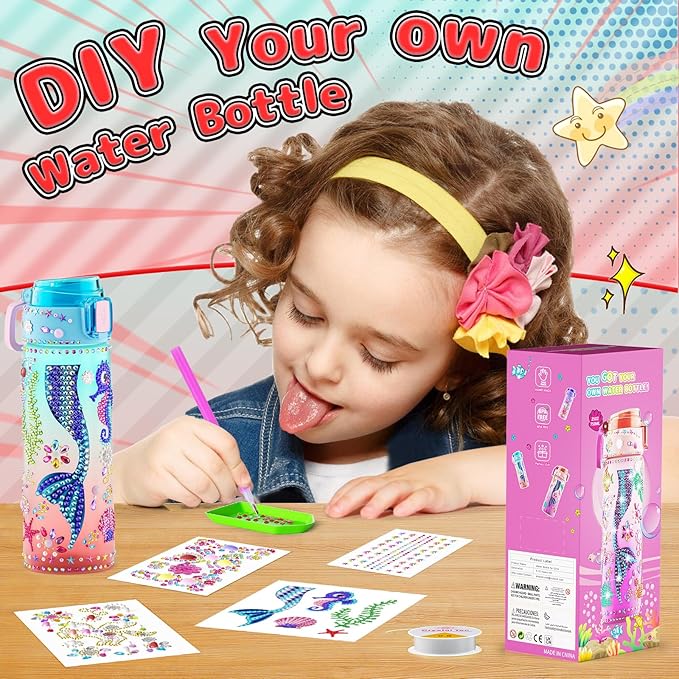 BOOH Decorate Your Own Water Bottle Kits for Girls, Mermaid Diamond Painting Toys & Friendship Bracelet, Fun Arts Crafts for Ages 4-6-8-10, Birthday Gifts Toys for Kids