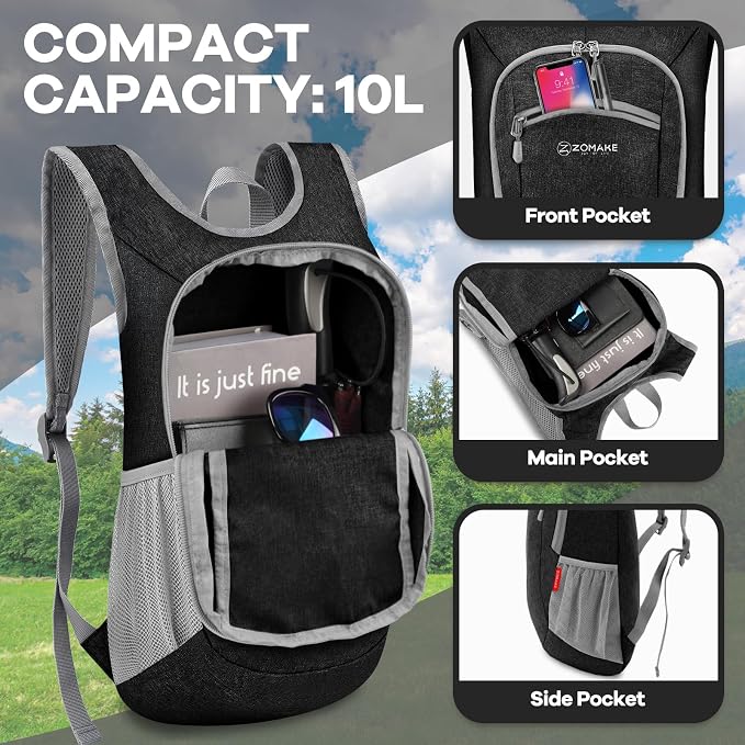 ZOMAKE Lightweight Packable Backpack, 10L Small Foldable Daypack for Hiking | Water Resistant Collapsible Backpacks for Women Men, Everyday Carry, Multi Compartment Storage, Adjustable Strap(Black)