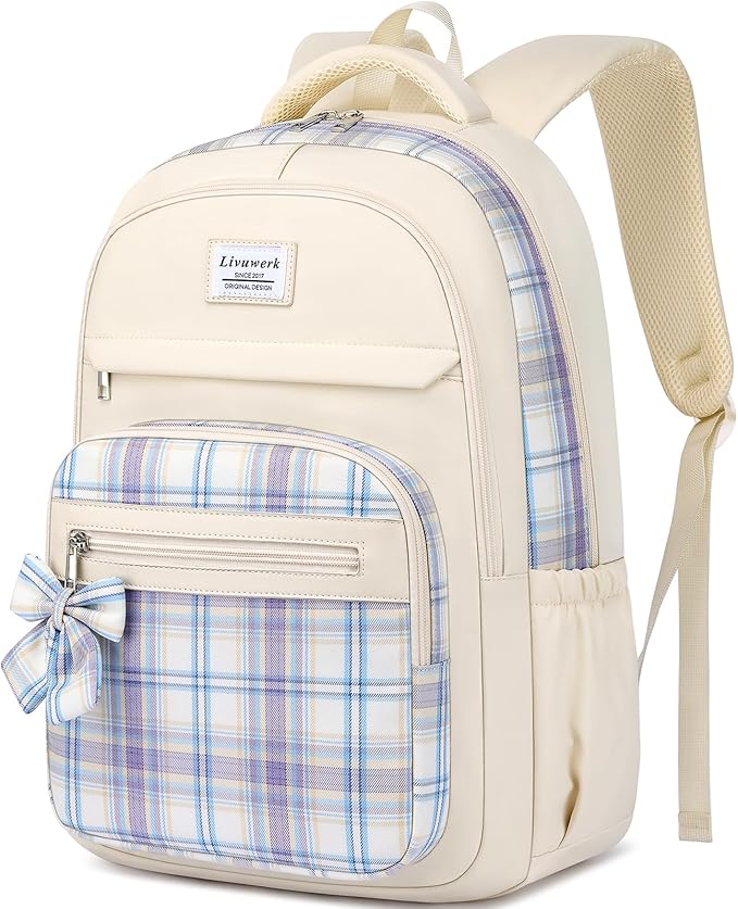 School Backpack for Teen Girls: Cute Bookbags Middle High School College Casual Back Pack 17.3 inch Laptop Backpacks Vintage Bags Women Travel Daypacks Mochilas Escolares Beige