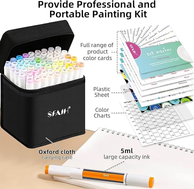 SFAIH Alcohol Markers Brush Tip - 61 Pastel Brush & Fine Dual Tip Art Markers for Artist Illustration, Adult Coloring Books, Gifts for Artist Adult, Colorless Blender, Enjoy Blending, Carrying Case