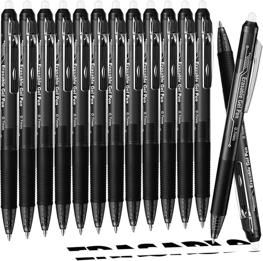 sunacme Retractable Erasable Gel Pens, 12 Solid Black Fine Point Erasable Pens Clicker, Make Mistakes Disappear, Perfect for Drawing, Writing, Planner & Crossword Puzzles (0.7mm, Pack of 12)