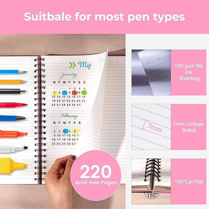CAGIE 5 Subject Notebook College Ruled, Small Spiral Notebook 5x7 with Divider Tabs, A5 Spiral Notebooks for Women, 240 Pages Spiral Note book for School Note Taking, Pink