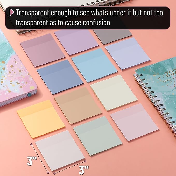 Mr. Pen- Transparent Sticky Notes, 3" x 3", 12 Pads, 600 Sheets, See Through Self-Adhesive Notes for Bible Journaling and Studying, Water-Resistant, Easy to Peel, Clean Removal