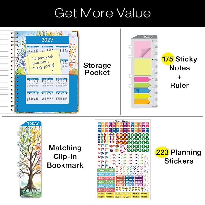 HARDCOVER Academic Year 2026-2027 Planner: 14 Months (May 2026 Through June 2027) 8.5"x 11" Daily Weekly Monthly Planner Yearly Agenda. Bookmark, Pocket Folder and Sticky Note Set (Tree Seasons)